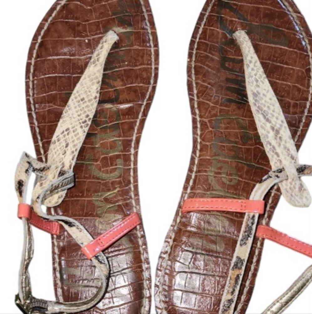 Sam Edelman Gigi Thong Leather Sandals Flat Size 9M Snakeskin Beige Orange